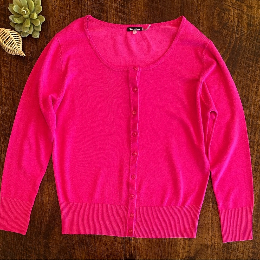 Vila Milano | Hot Pink Cotton Blend Knit Cardigan Sweater, Size L